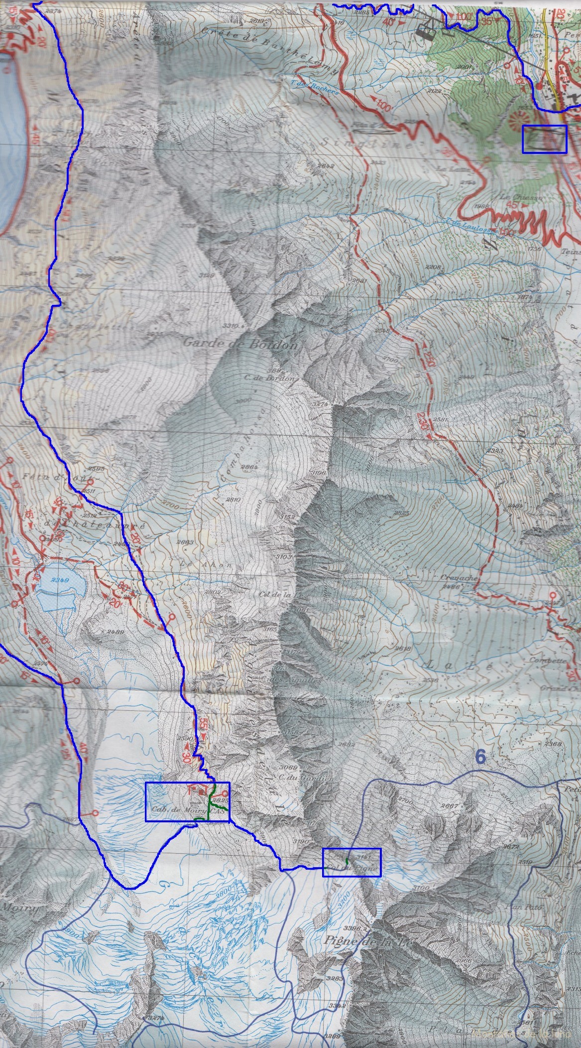 Croquis del recorrido de la 3º y 4º Etapa del Tour de la Val d’Anniviers Zinal-Cabaña de Moiry. Aparece la ascensión al Coll du Pigne desde la Cabaña de Moiry, y el descenso a Grimentz cruzando el Glaciar de Moiry.